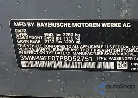 2023 BMW 3 Series M340I xDrive z USA, uszkodzony, nr VIN 3MW49FF07P8D52751